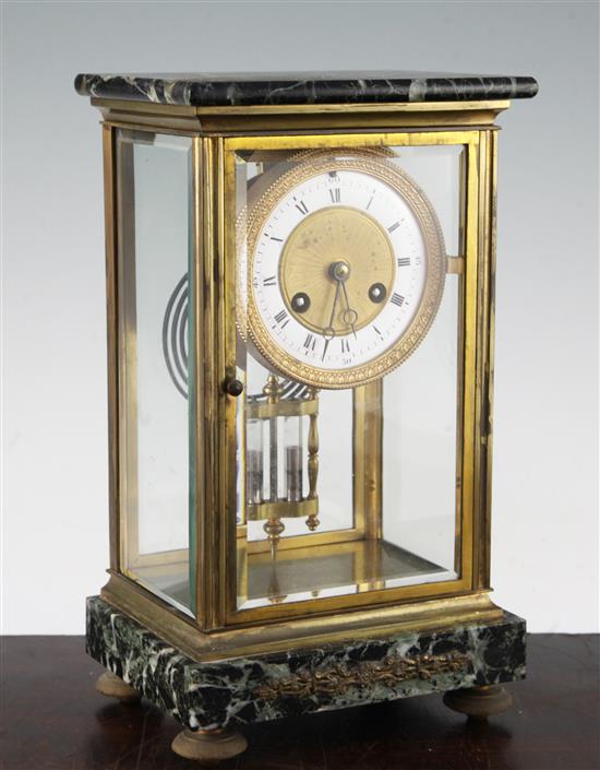 An early 20th century French green marble and gilt brass four glass mantel clock, 10.5in.